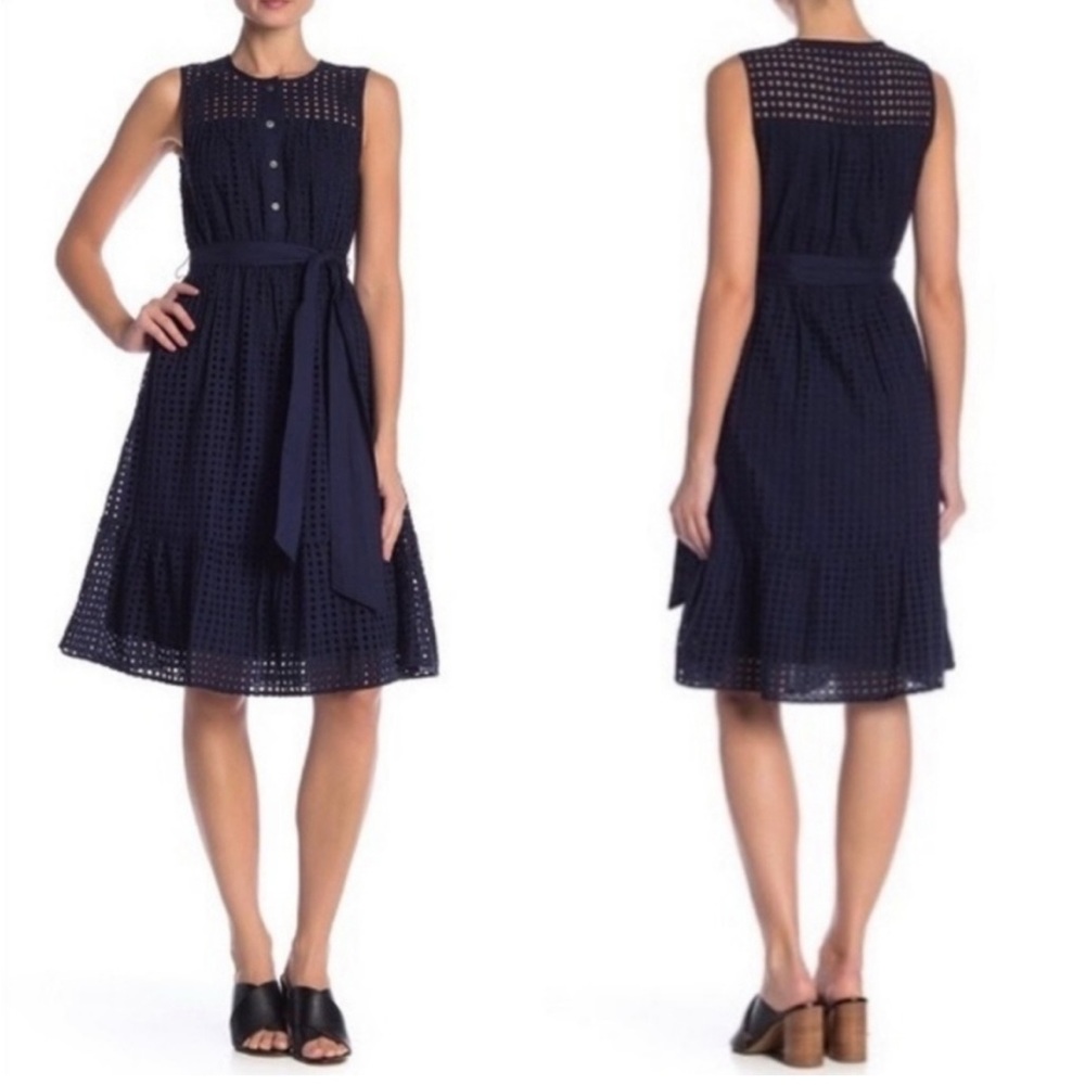 J. Crew Cotton All Over Eyelet Lace Tie Waist Dress In Blue With Pockets Size 4
